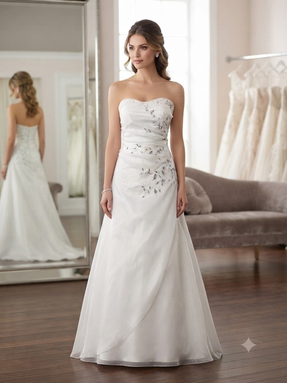 Strapless White A-Line Wedding Dress with Subtle Silver Embroidery